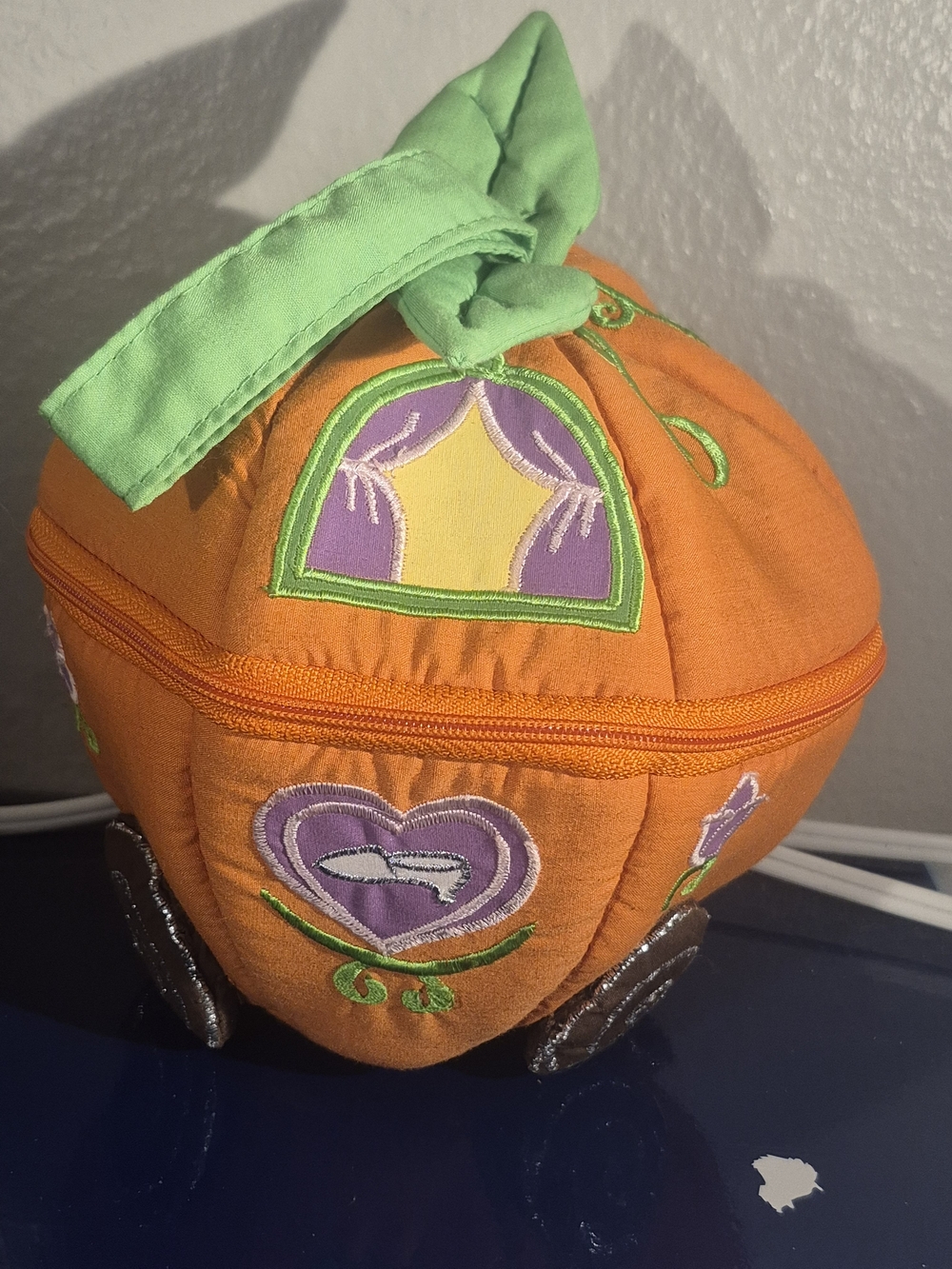 Plush Pumpkin Carry Case in Bright Orange with Green Stem Vintage Poctets 1995